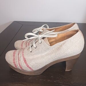 Coclico Platform Heels 38 Linen Lace Up Wood Heel 3.5" Womens Shoes